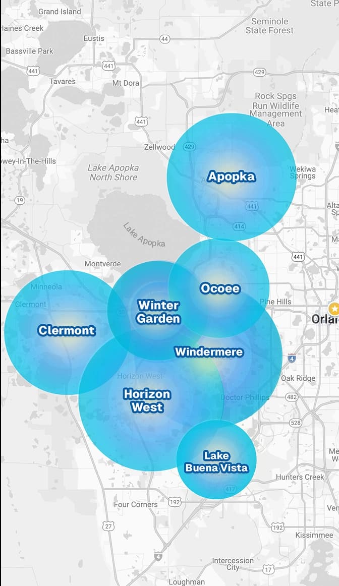 Map showing all the areas of orlando we serve: Winter Garden, Windermere, Lake Buena Vista, Ocoee, Clermont, Apopka