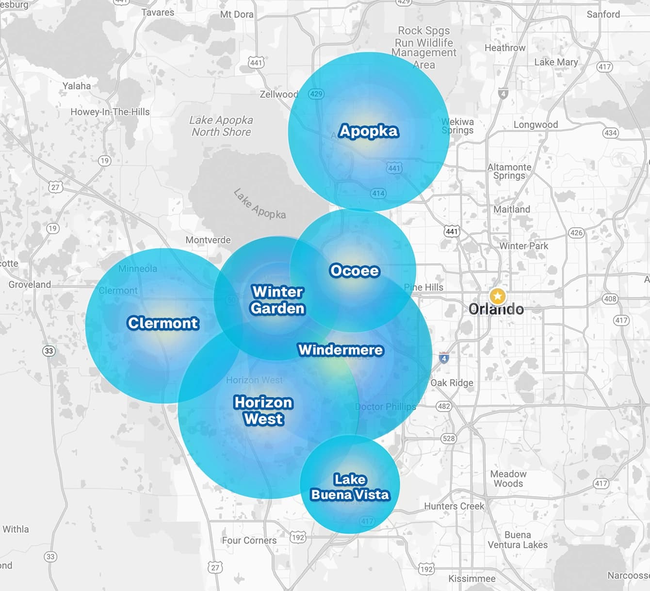 Map showing all the areas of orlando we serve: Winter Garden, Windermere, Lake Buena Vista, Ocoee, Clermont, Apopka